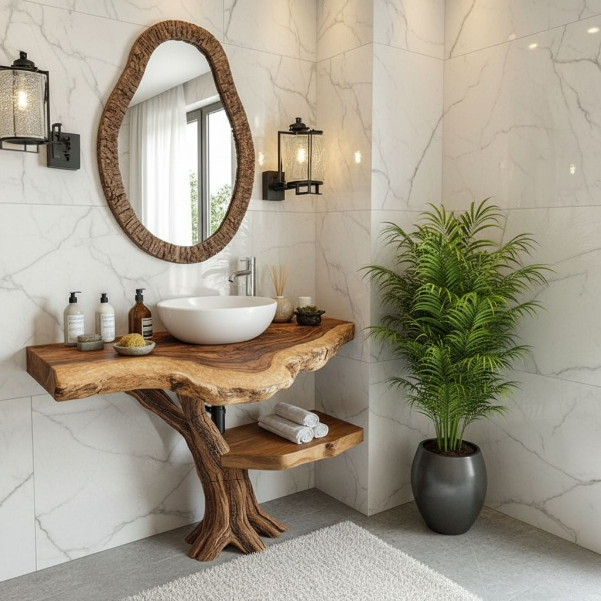 Organic Modern Solid Wood Bathroom Vanity with Live-Edge Countertop and Sculpted Tree-Trunk Base