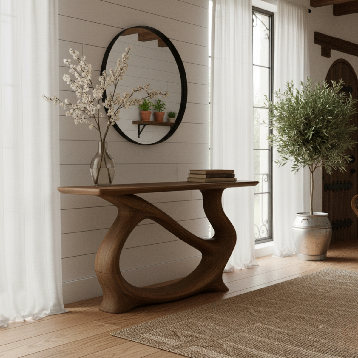 Organic Modern Solid Wood Console Table with Sculpted Loop-Form Base