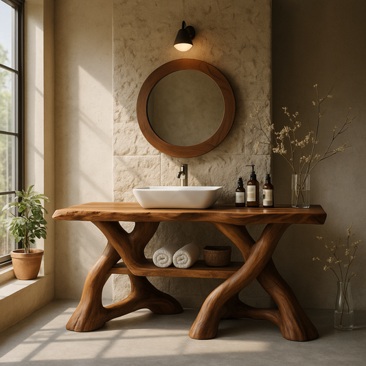 Handcrafted Solid Wood Bathroom Vanity with Sculptural Interwoven Base
