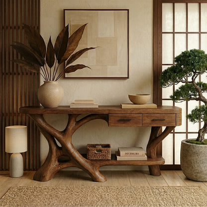 Luxury Natural Wood Console Table with Artistic Root Base Design