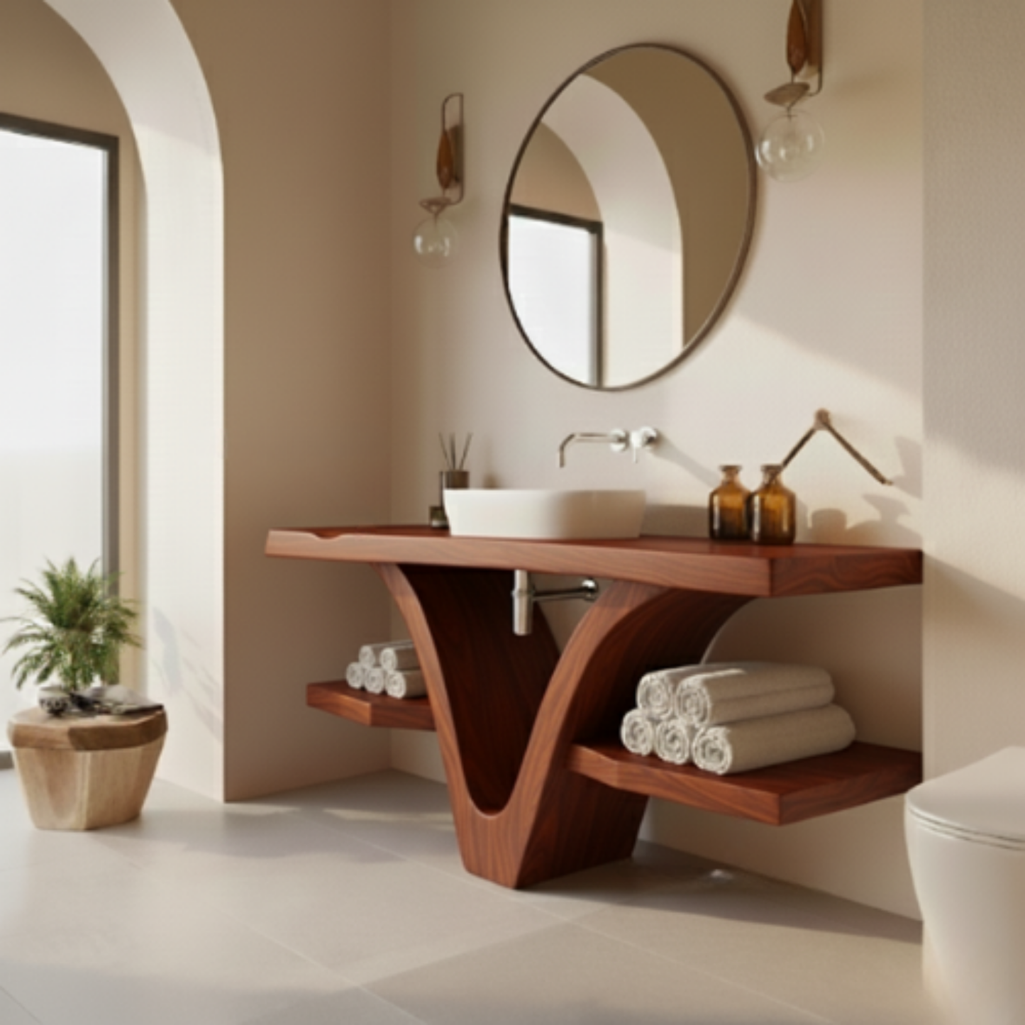 Organic Modern Solid Wood Bathroom Vanity with Sculpted V-Form Base