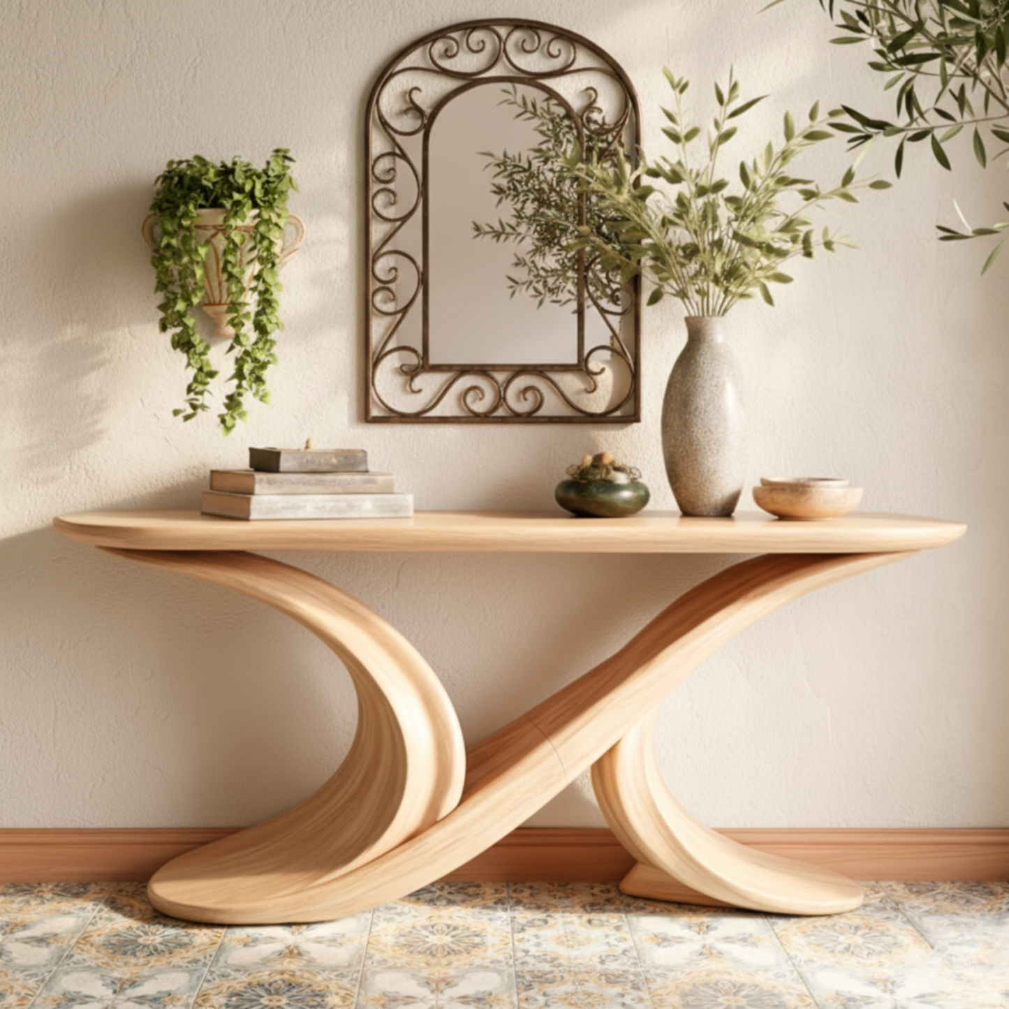 Sculptural Solid Wood Console Table – Dual Flow Curved Base