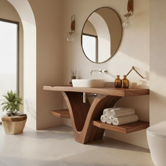 Organic Modern Solid Wood Bathroom Vanity with Sculpted V-Form Base