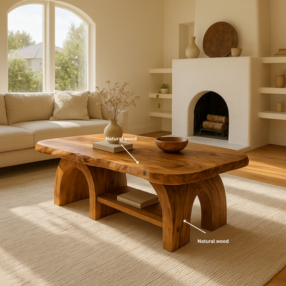 Handcrafted Solid Wood Coffee Table with Sculpted Arch Base