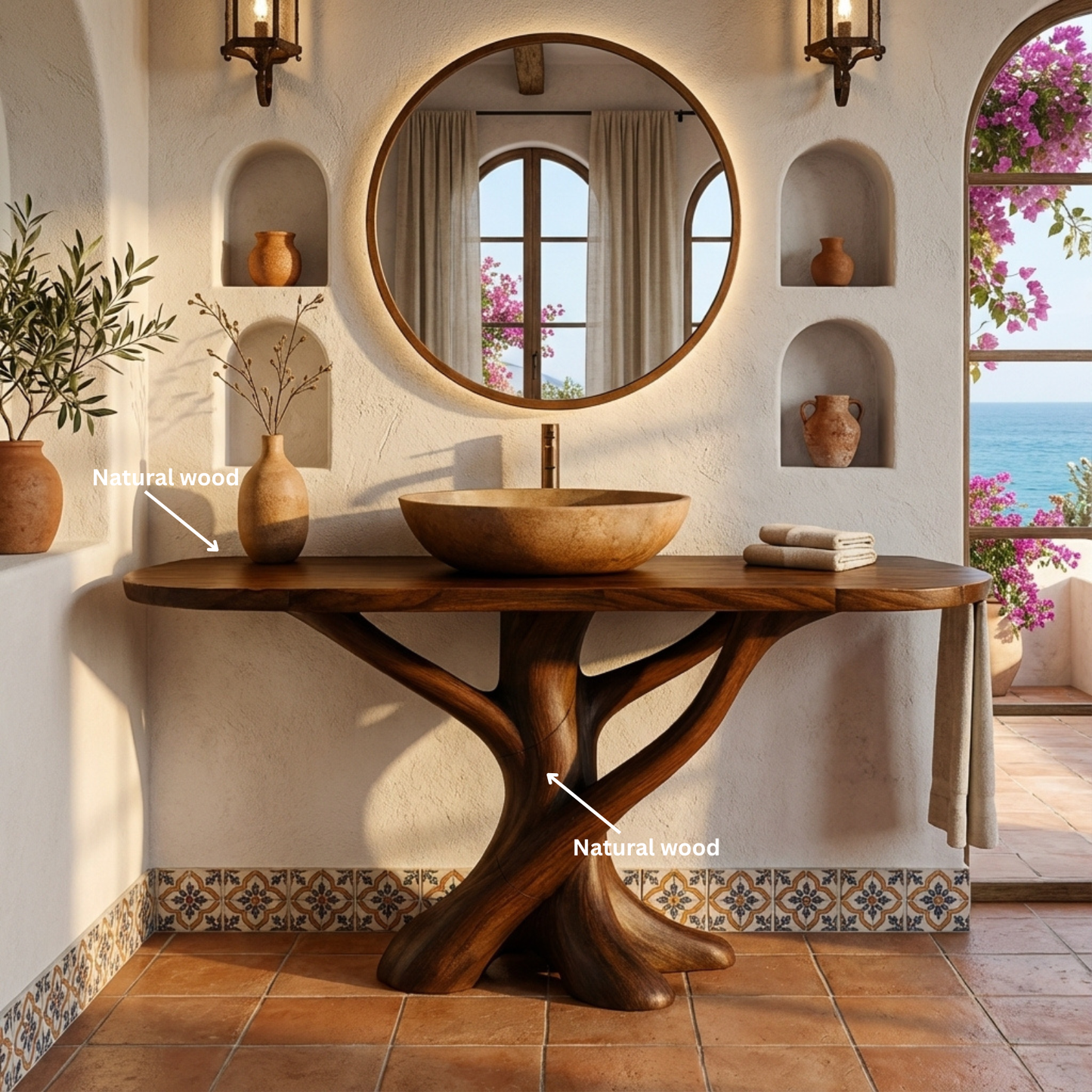 Solid Wood Bathroom Vanity with Sculptural Intertwined Base