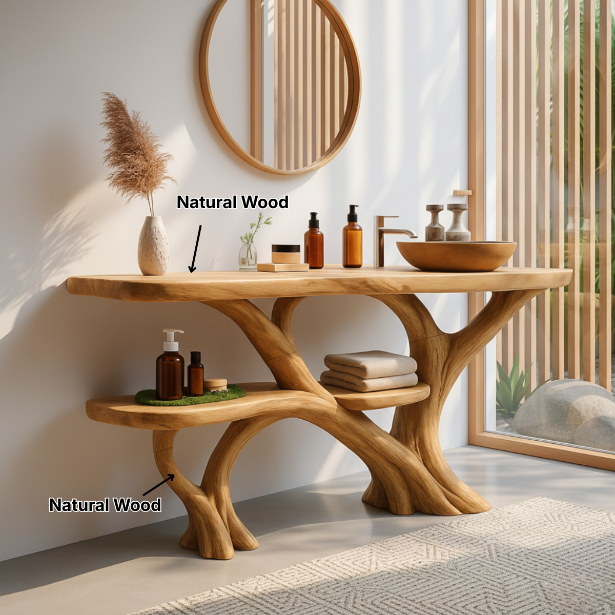 Organic Modern Solid Wood Bathroom Vanity with Sculpted Multi-Branch Base and Integrated Storage Shelves