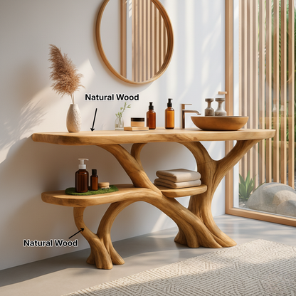 Organic Modern Solid Wood Bathroom Vanity with Sculpted Multi-Branch Base and Integrated Storage Shelves