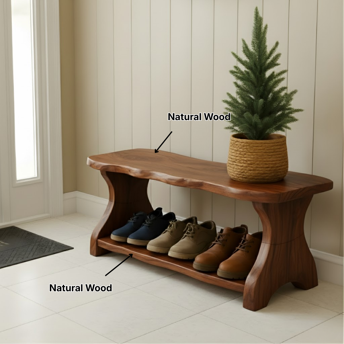 Live-Edge Solid Wood Shoe Bench – Organic Entryway Storage Seat