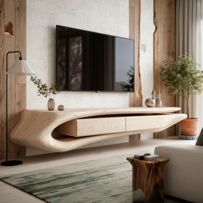 Floating Sculptural Solid Wood TV Console – Luxury Wall-Mounted Media Cabinet