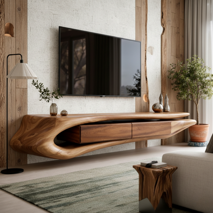 Floating Sculptural Solid Wood TV Console – Luxury Wall-Mounted Media Cabinet