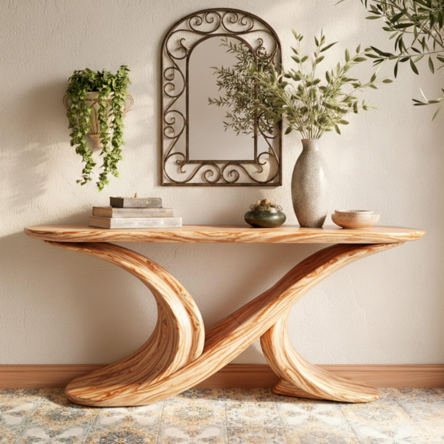 Sculptural Solid Wood Console Table – Dual Flow Curved Base