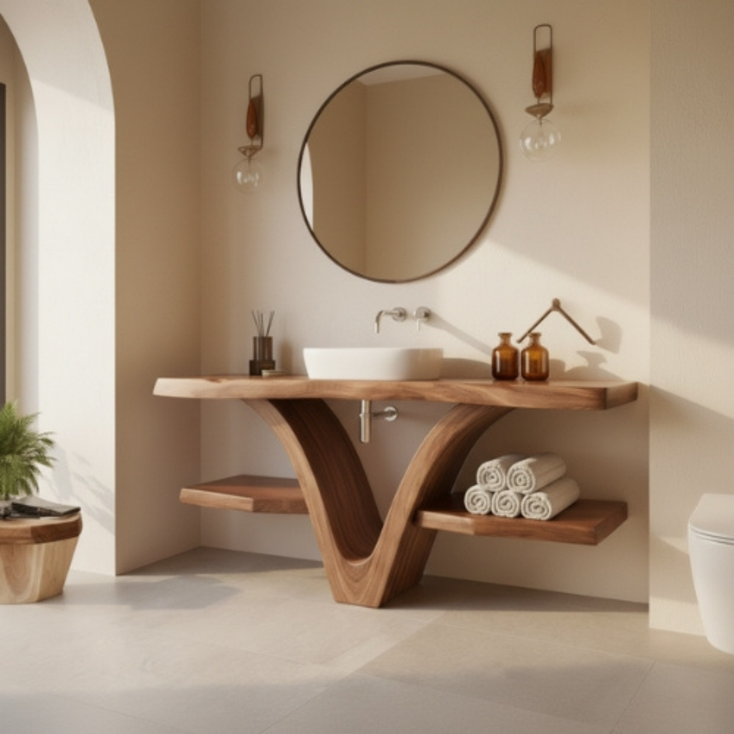 Organic Modern Solid Wood Bathroom Vanity with Sculpted V-Form Base