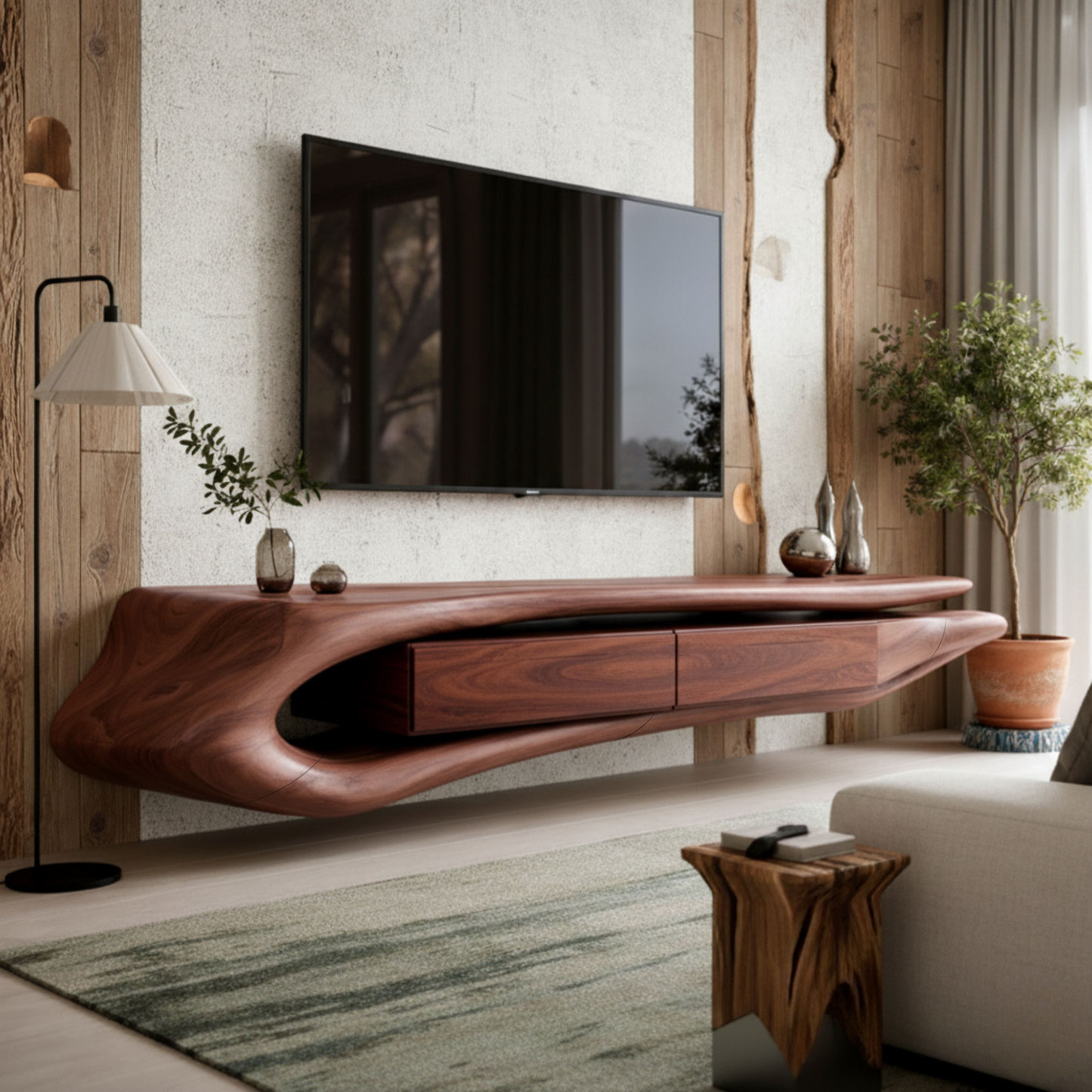 Floating Sculptural Solid Wood TV Console – Luxury Wall-Mounted Media Cabinet