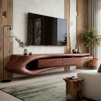 Floating Sculptural Solid Wood TV Console – Luxury Wall-Mounted Media Cabinet