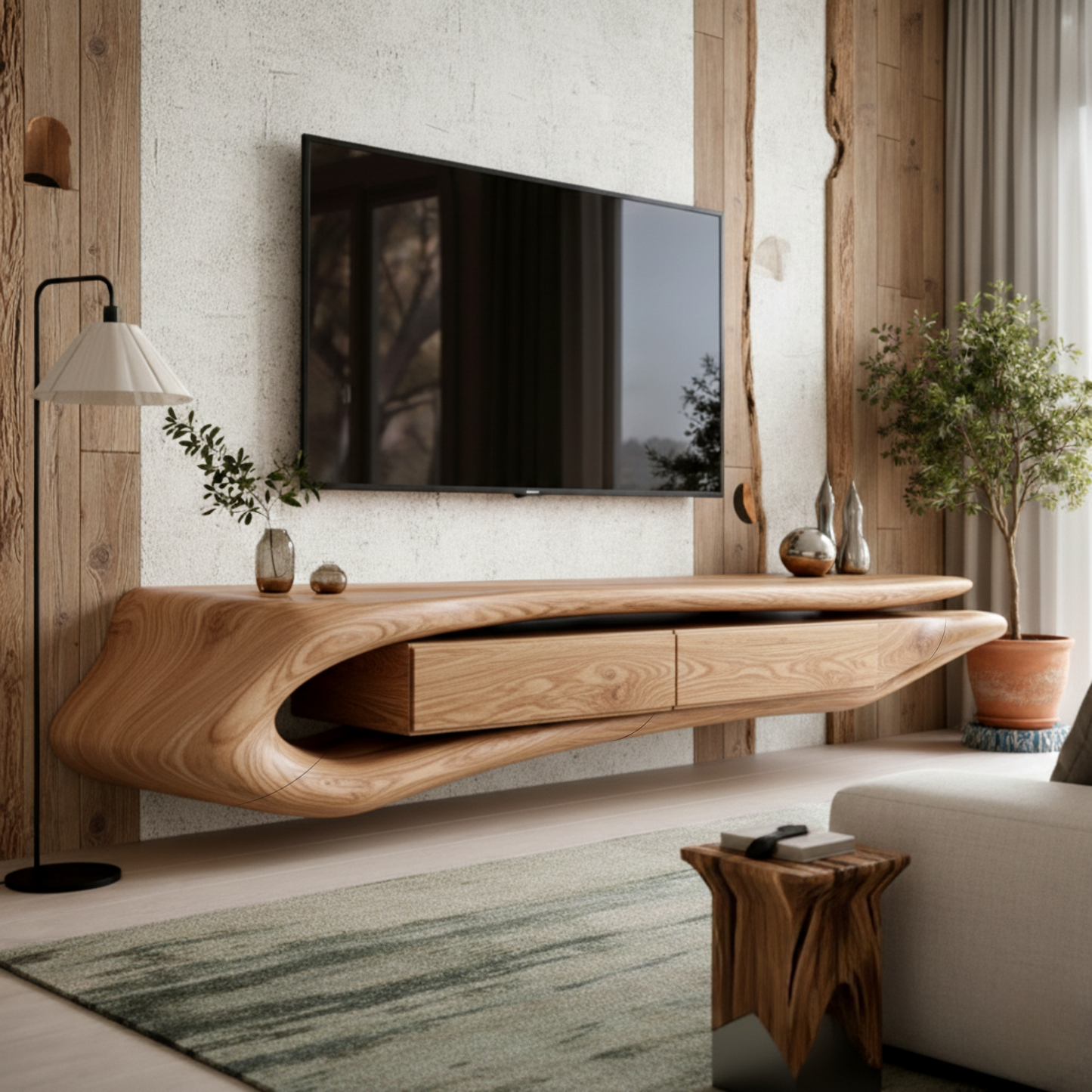 Floating Sculptural Solid Wood TV Console – Luxury Wall-Mounted Media Cabinet