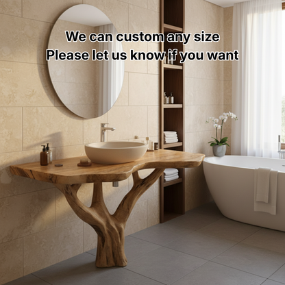 Organic Modern Solid Wood Bathroom Vanity with Live-Edge Top and Sculpted Tree-Trunk Base
