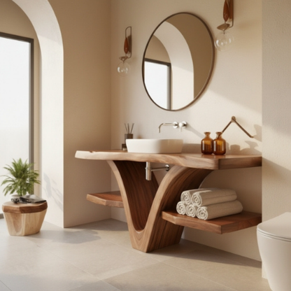Organic Modern Solid Wood Bathroom Vanity with Sculpted V-Form Base