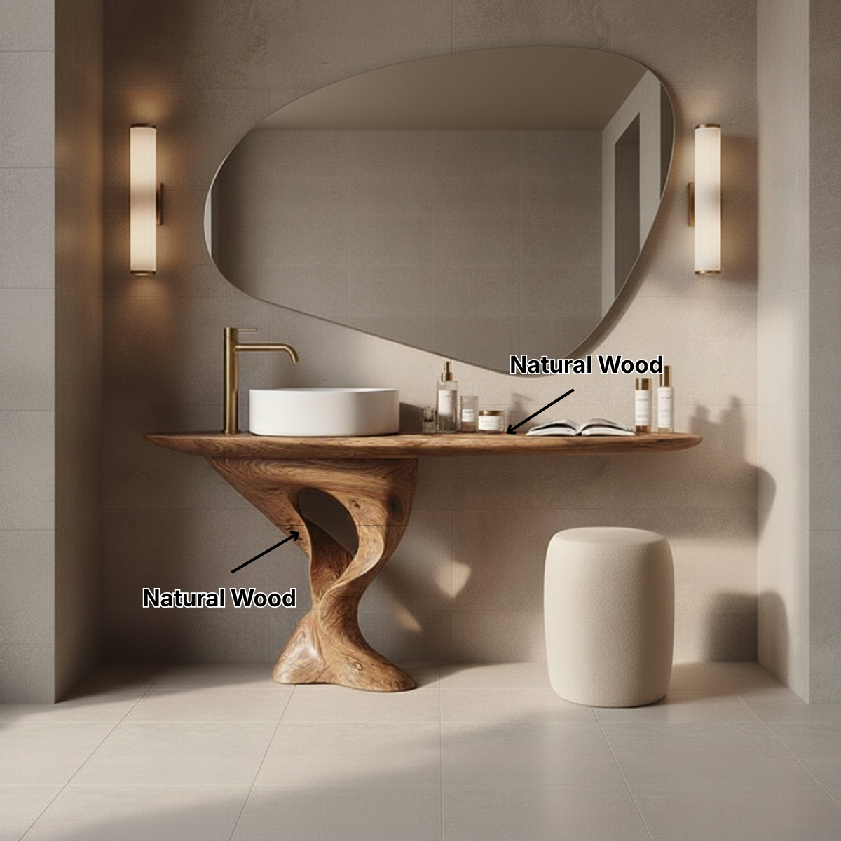 Organic Modern Solid Wood Bathroom Vanity with Sculpted Tree-Trunk Pedestal and Curved Live-Edge Top