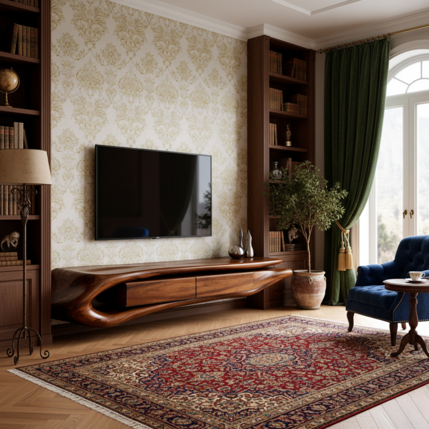 Floating Sculptural Solid Wood TV Console – Luxury Wall-Mounted Media Cabinet