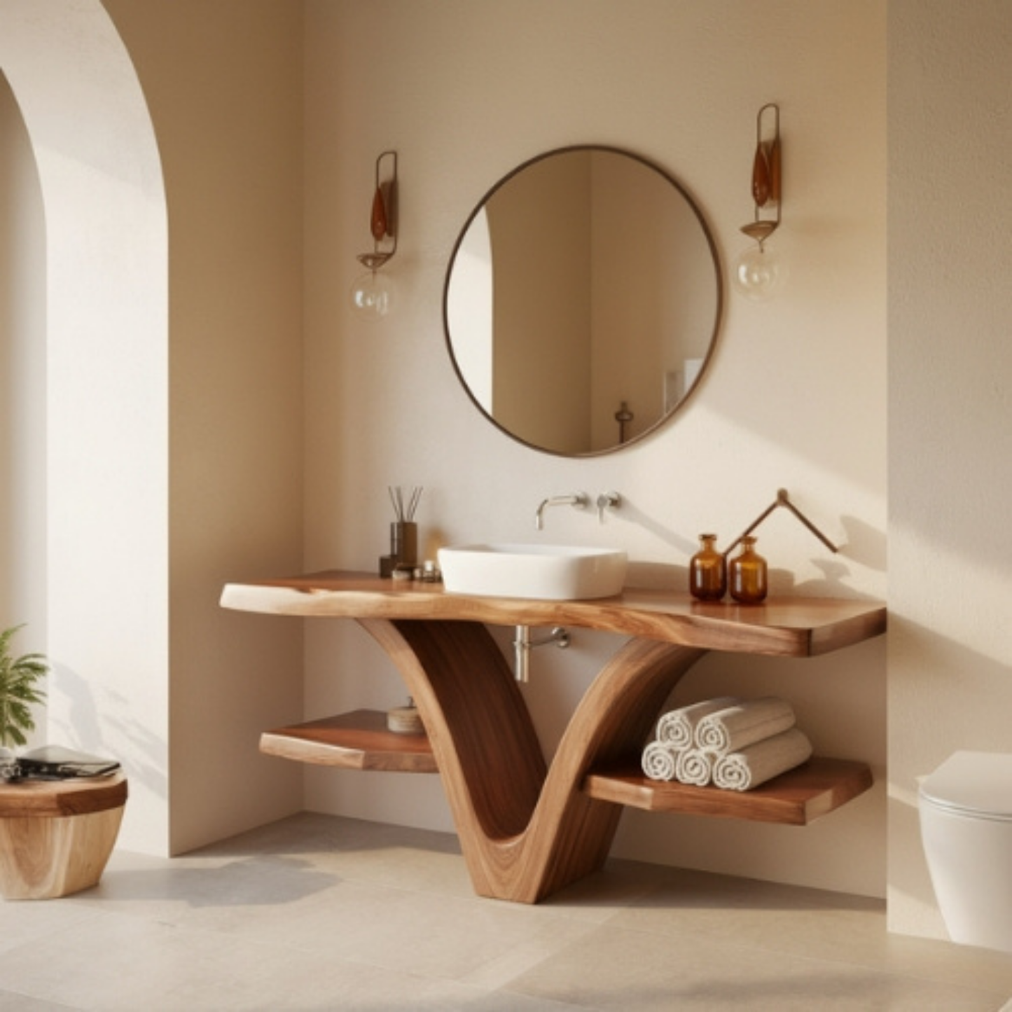Organic Modern Solid Wood Bathroom Vanity with Sculpted V-Form Base