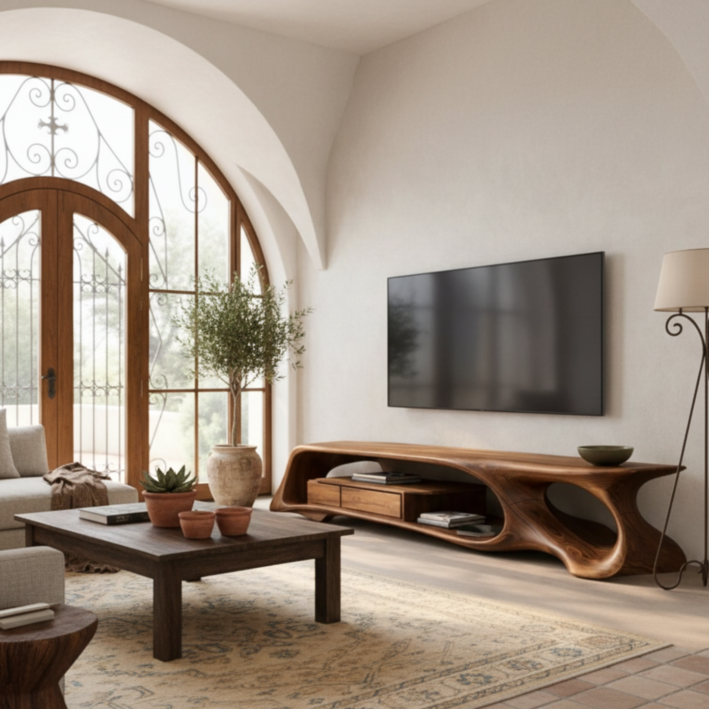 Organic Sculptural TV Console in Solid Wood – Floating Luxury Media Cabinet