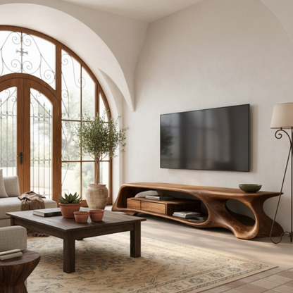 Organic Sculptural TV Console in Solid Wood – Floating Luxury Media Cabinet