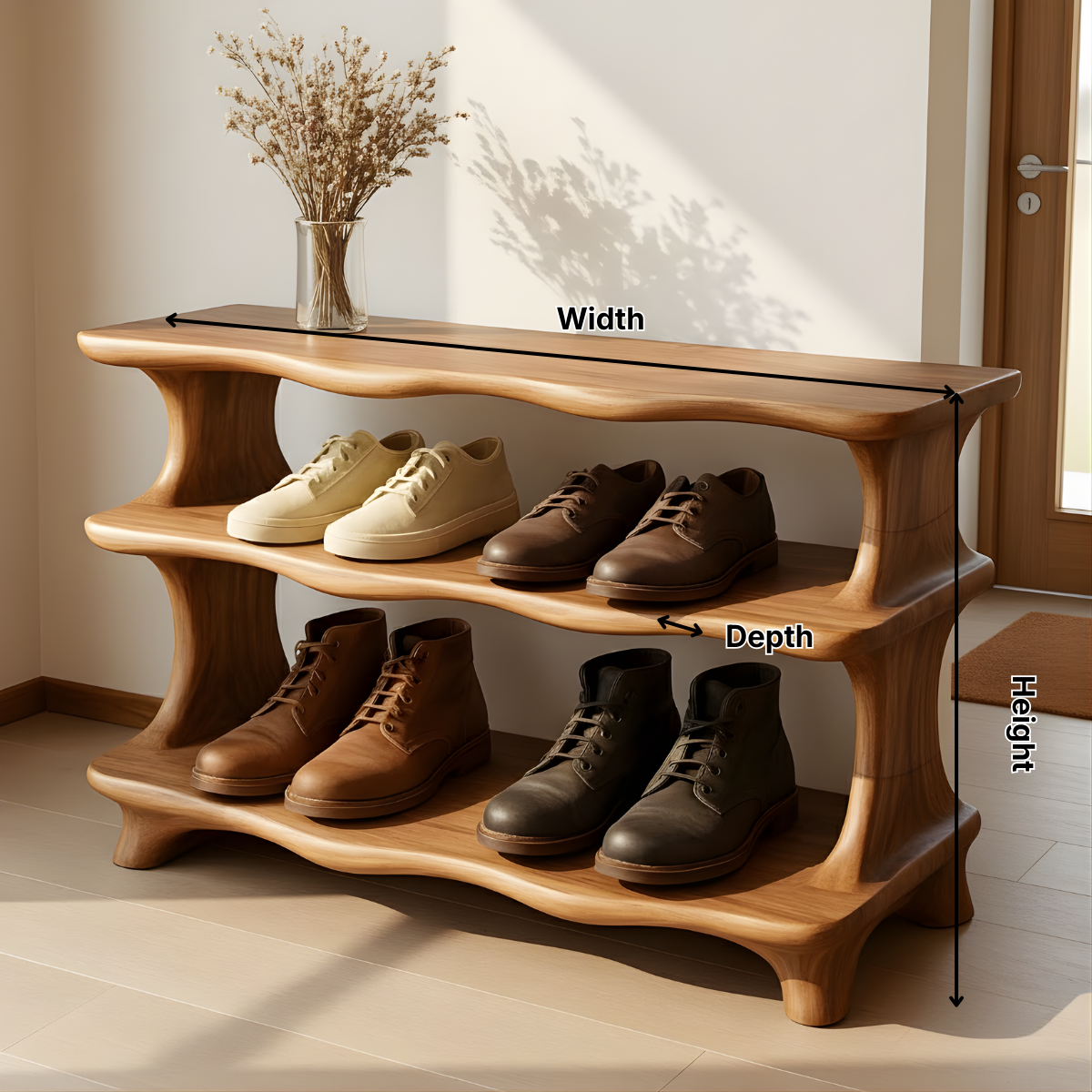 Handcrafted Flow-Form Shoe Shelf Featuring Rounded Fluid Contours
