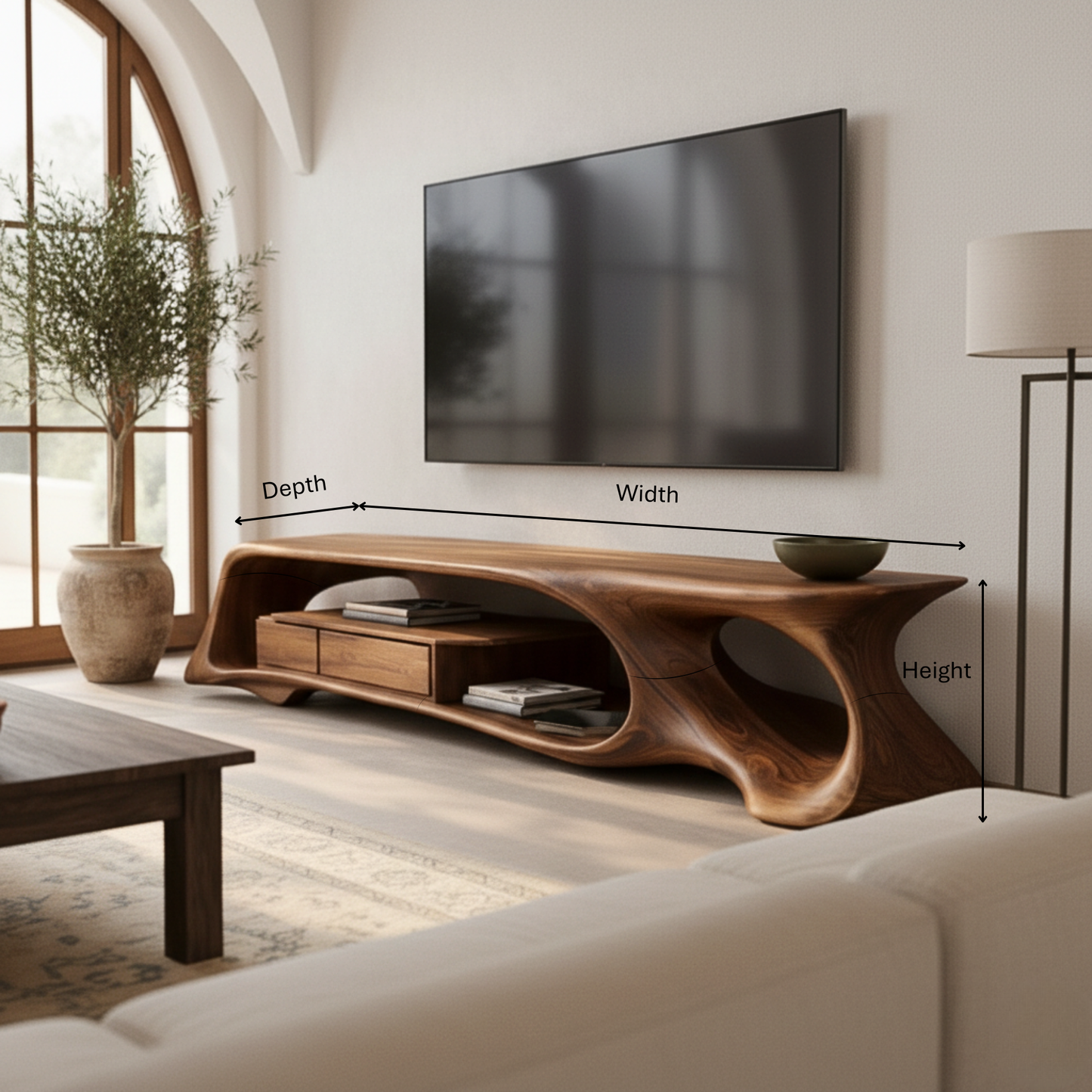 Organic Sculptural TV Console in Solid Wood – Floating Luxury Media Cabinet