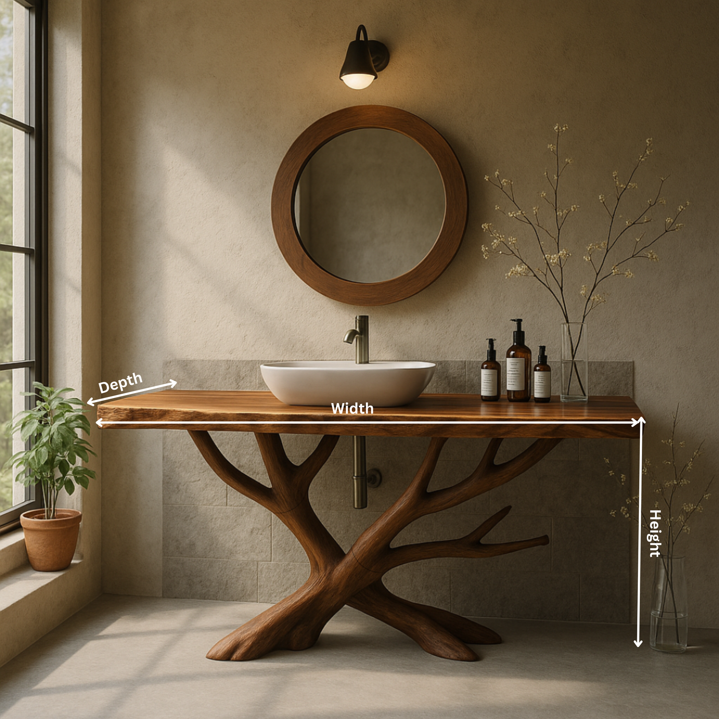 Handcrafted Solid Wood Bathroom Vanity with Sculptural Branch Base