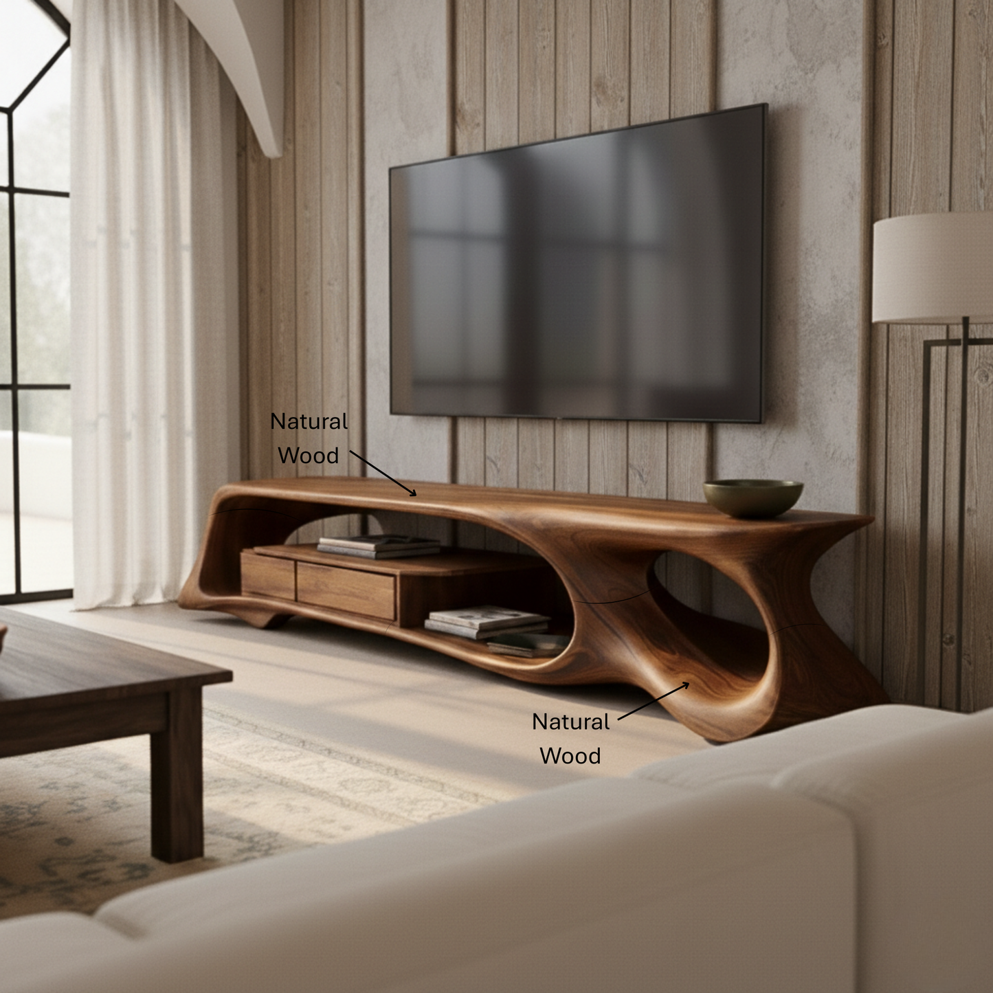 Organic Sculptural TV Console in Solid Wood – Floating Luxury Media Cabinet