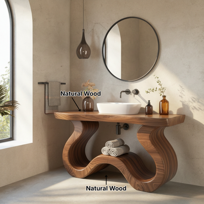 Organic Modern Solid Wood Bathroom Vanity with Sculpted Wave-Form Base and Live-Edge Countertop