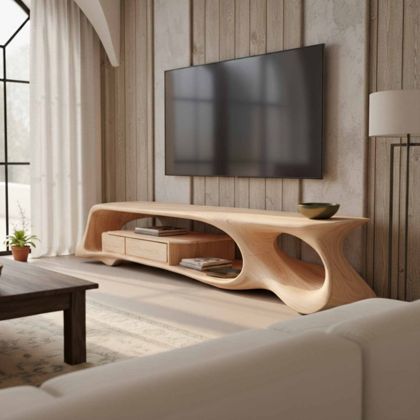 Organic Sculptural TV Console in Solid Wood – Floating Luxury Media Cabinet