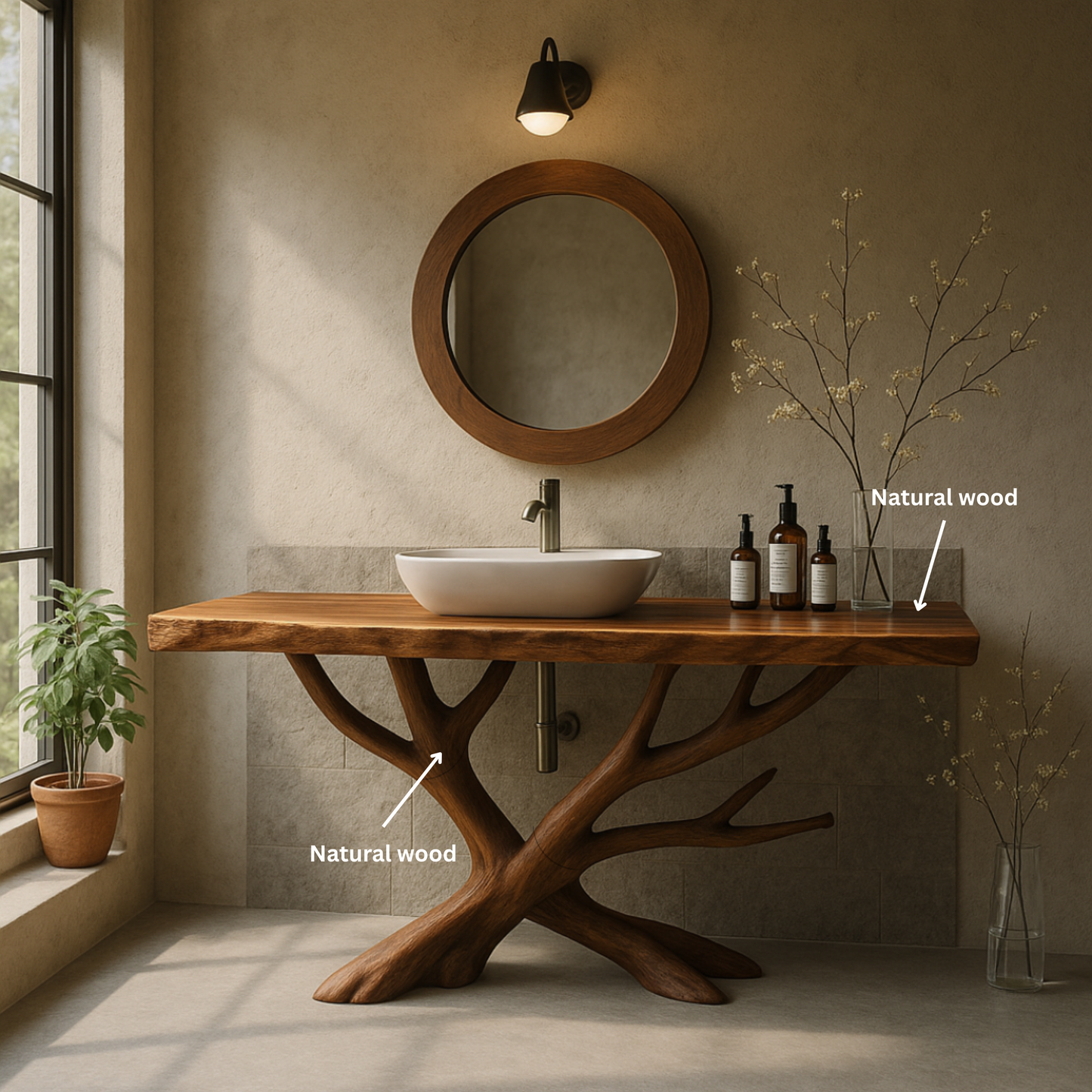Handcrafted Solid Wood Bathroom Vanity with Sculptural Branch Base