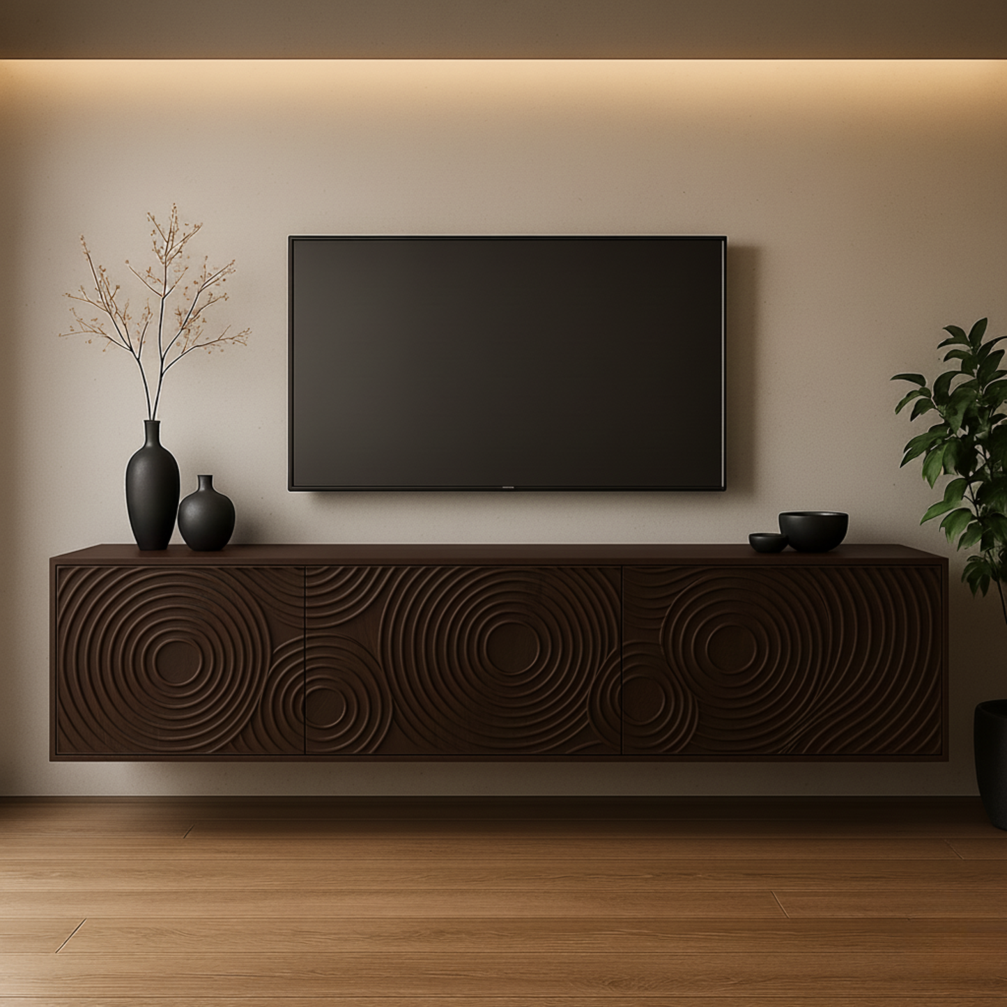Luxury Floating TV Console with Ripple Carved Front