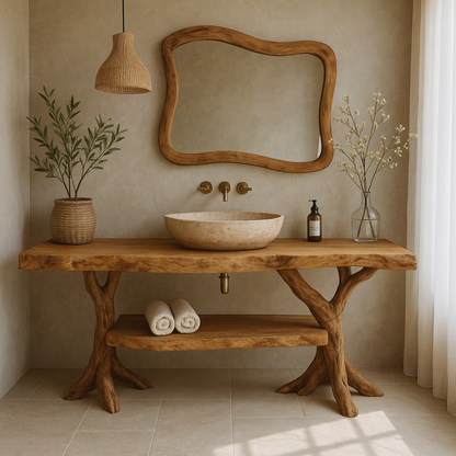 Organic Live-Edge Solid Wood Bathroom Vanity with Sculptural Tree Trunk
