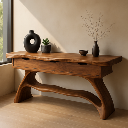 Luxury Live Edge Console Table – Handmade Solid Wood Console with Sculptural Design