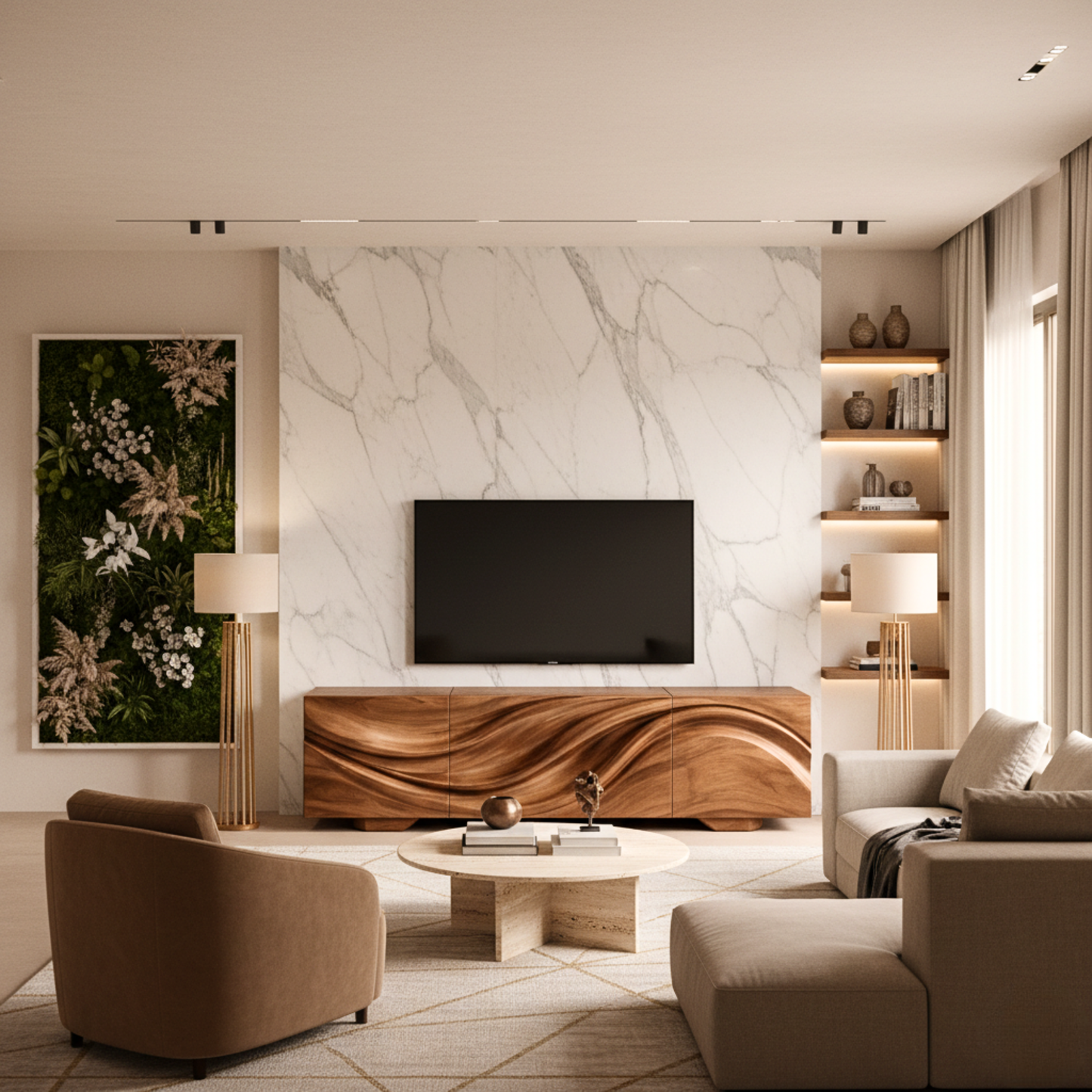 Wave-Pattern Solid Wood TV Console – Sculptural Media Cabinet
