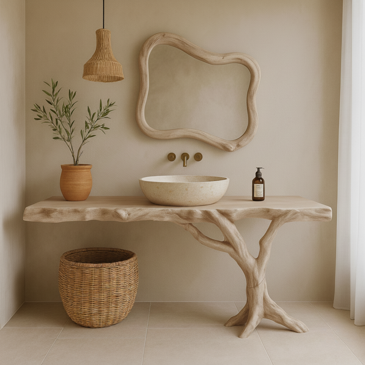 Live-Edge Solid Wood Bathroom Vanity with Natural Tree-Branch Base