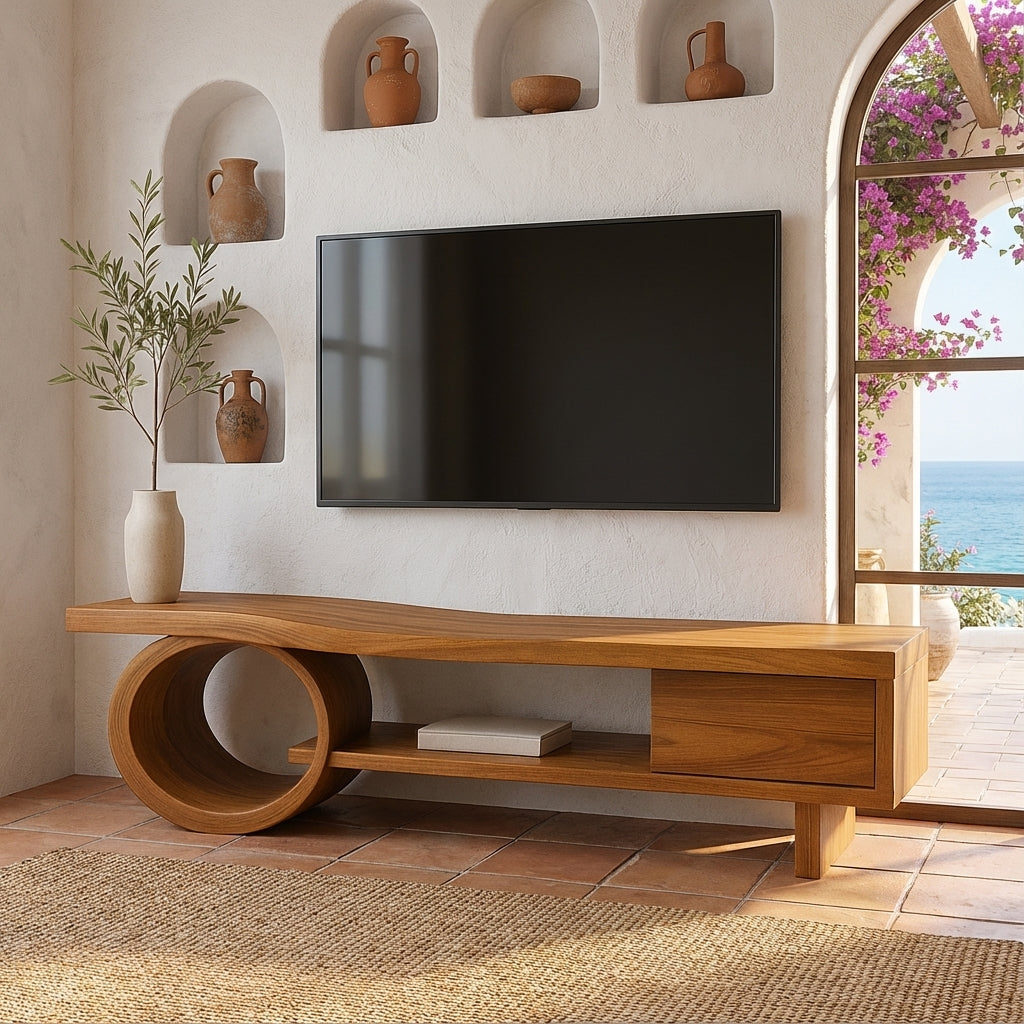 Modern Solid Wood TV Console with Circular Base