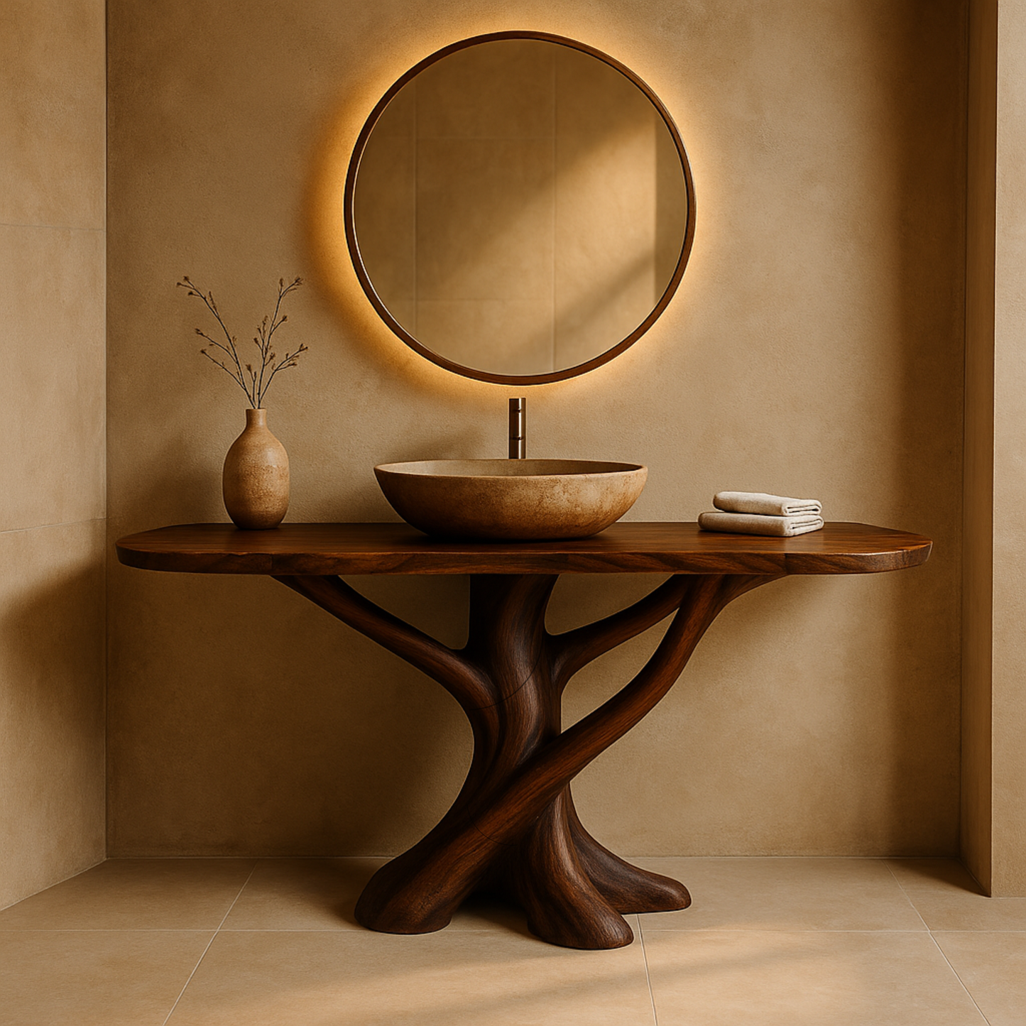 Solid Wood Bathroom Vanity with Sculptural Intertwined Base