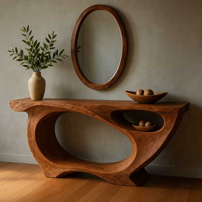 Luxury Sculptural Console Table – Handmade Solid Wood Console with Live Edge Style