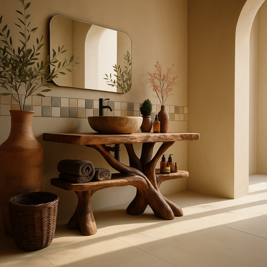 Rustic Luxury Wood Bathroom Vanity with Tree-Root Design