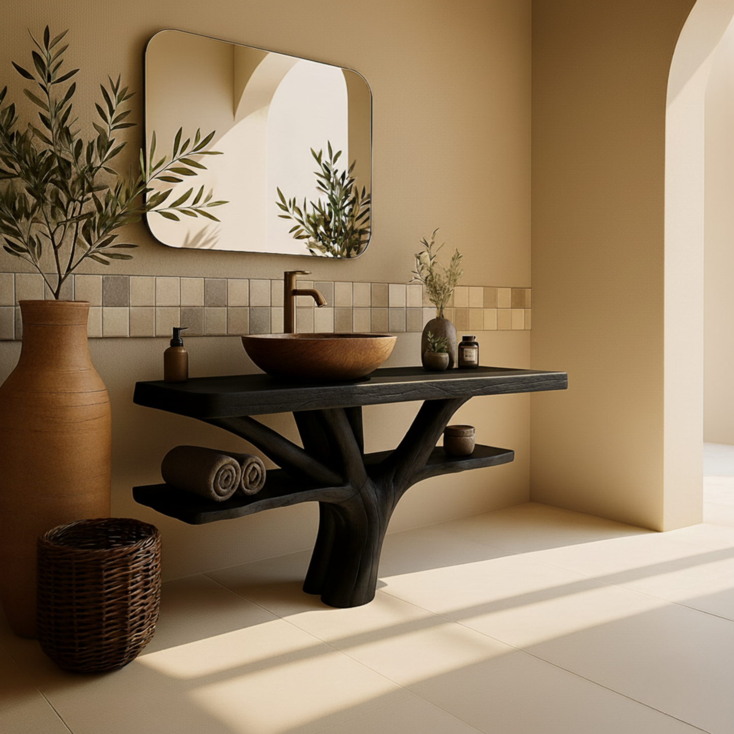 Handcrafted Solid Wood Bathroom Vanity with Tree-Root Base – Organic Modern Luxury Sink Console