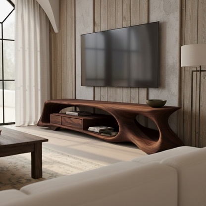 Organic Sculptural TV Console in Solid Wood – Floating Luxury Media Cabinet