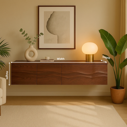 Solid-Wood Floating Sideboard with 3D Wave Texture