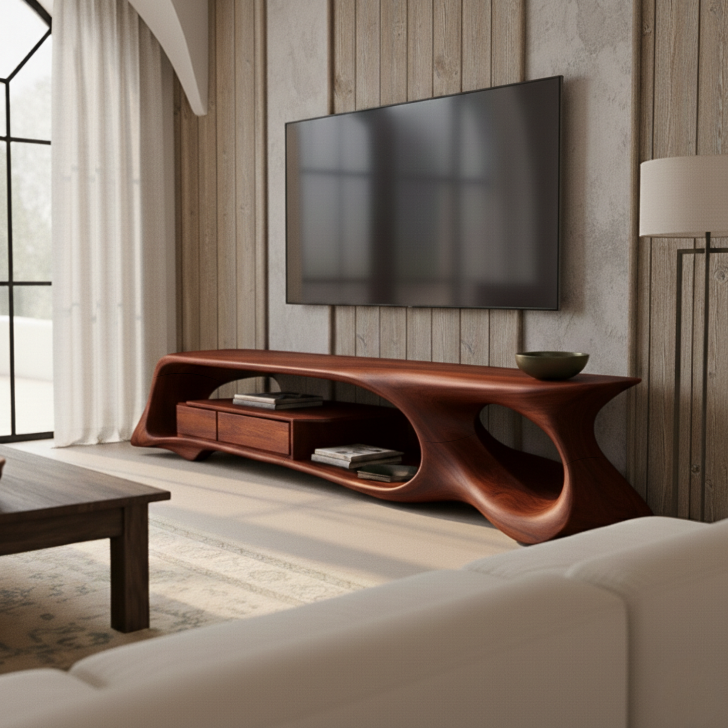 Organic Sculptural TV Console in Solid Wood – Floating Luxury Media Cabinet