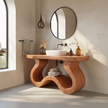 Organic Modern Solid Wood Bathroom Vanity with Sculpted Wave-Form Base and Live-Edge Countertop