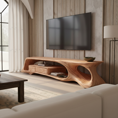 Organic Sculptural TV Console in Solid Wood – Floating Luxury Media Cabinet