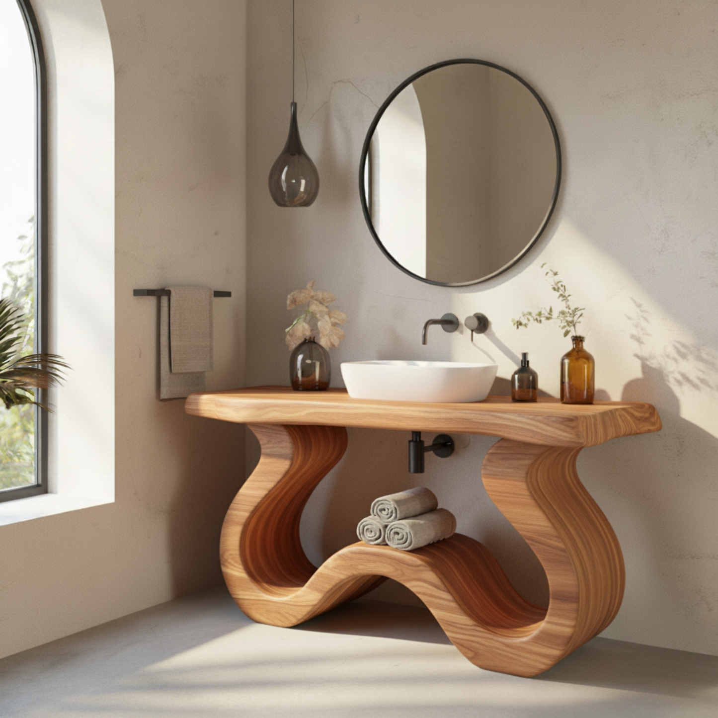 Organic Modern Solid Wood Bathroom Vanity with Sculpted Wave-Form Base and Live-Edge Countertop