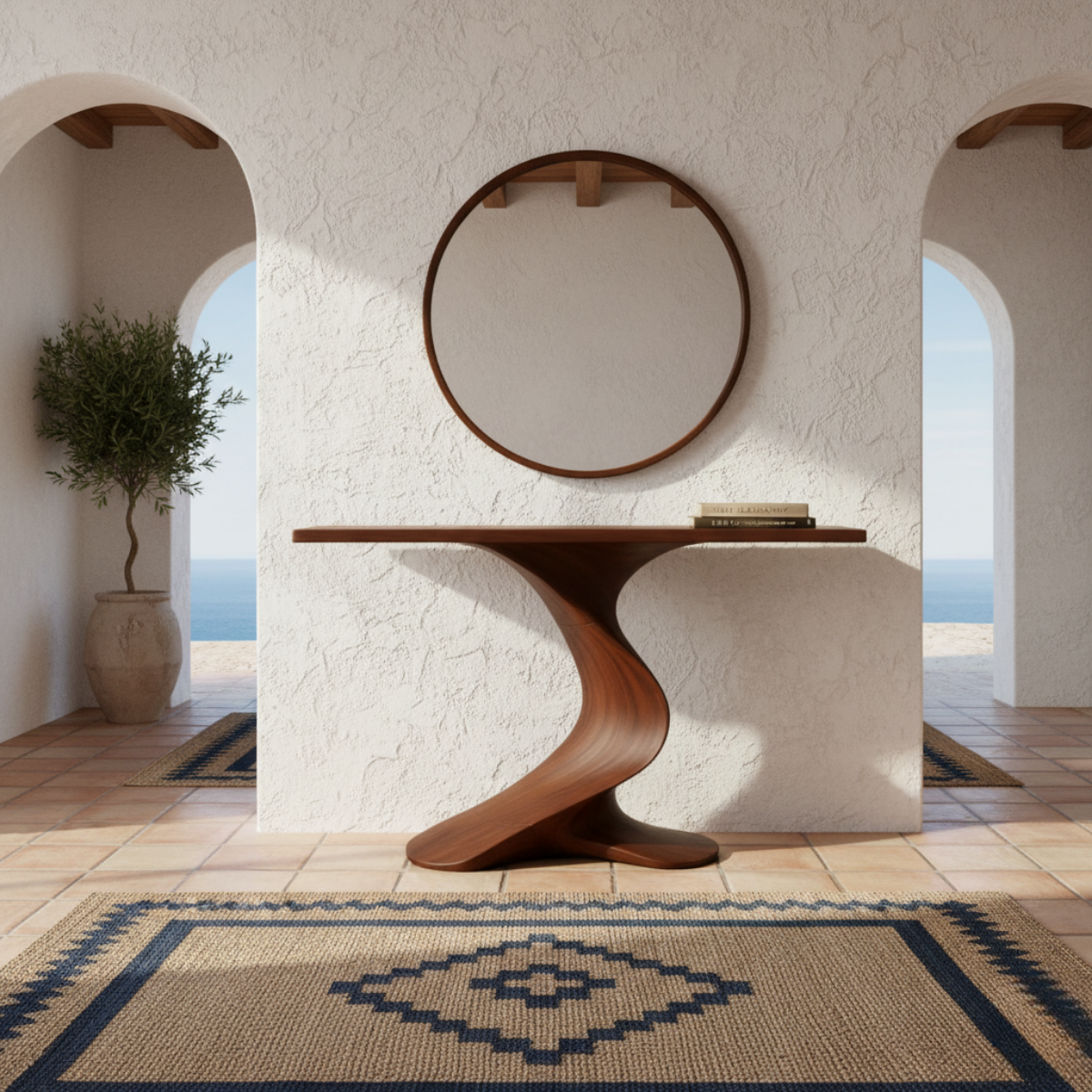 Organic Modern Solid Wood Console Table Featuring a Sculpted S-Curve Base